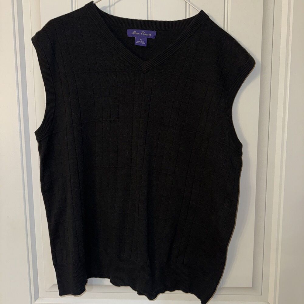 Alan Flusser Sweater Vest Men's Size XL Black 100% Silk Business Preppy V Neck
